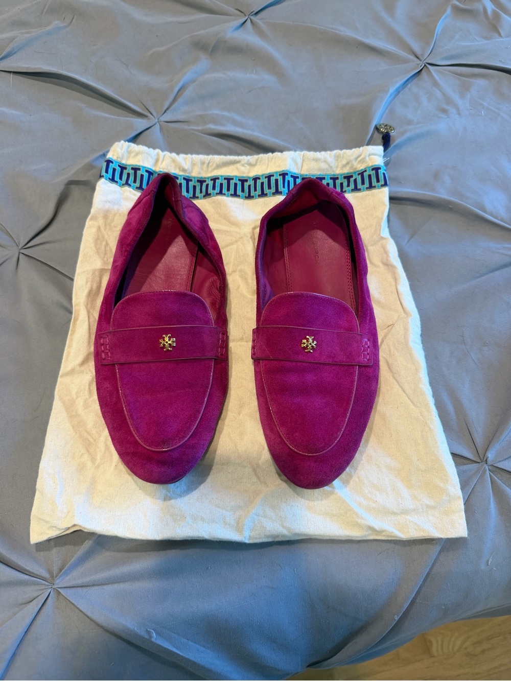 Tory Burch Suede Loafers in Fuchsia with Gold Logo